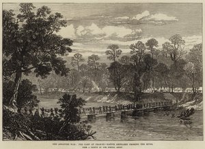 La guerra Ashantee, el campamento en Prah-Su, artillería nativa cruzando el río de John Greenaway